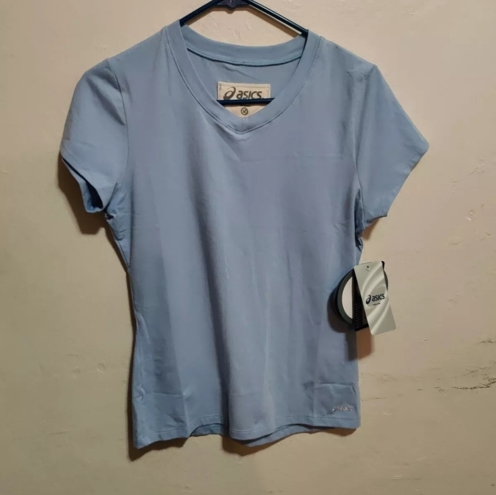 New Asics Women Sky Blue Athletic Top Semi-Fitted Medium Short Sleeve Ecoline